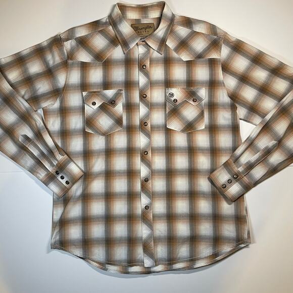 Wrangler Retro Western Shirt Men’s L Pearl Snap Brown Plaid 100% Cotton MV4005M - Picture 1 of 9